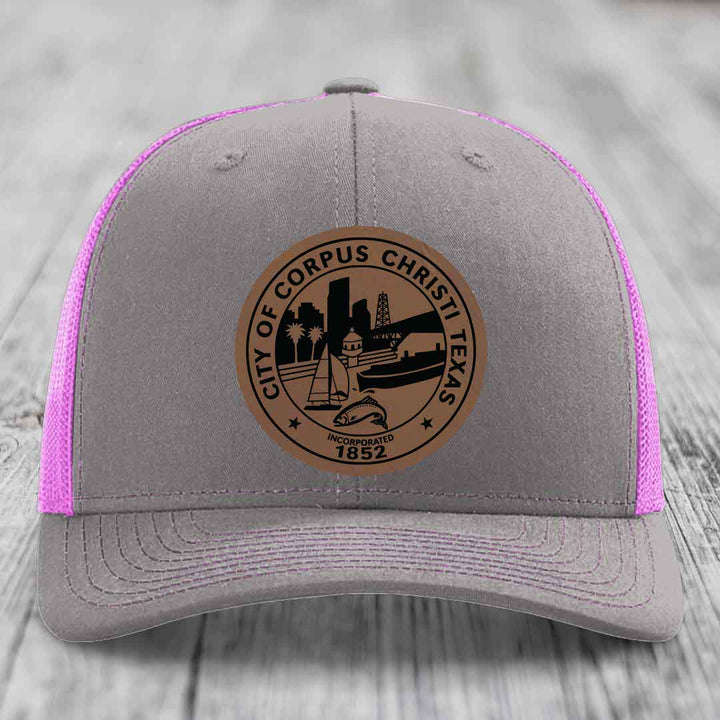 Corpus Christi Seal - Leather Patch Hat - Dark Brown to Black Patch - Richardson 112 Snapback Trucker Hat