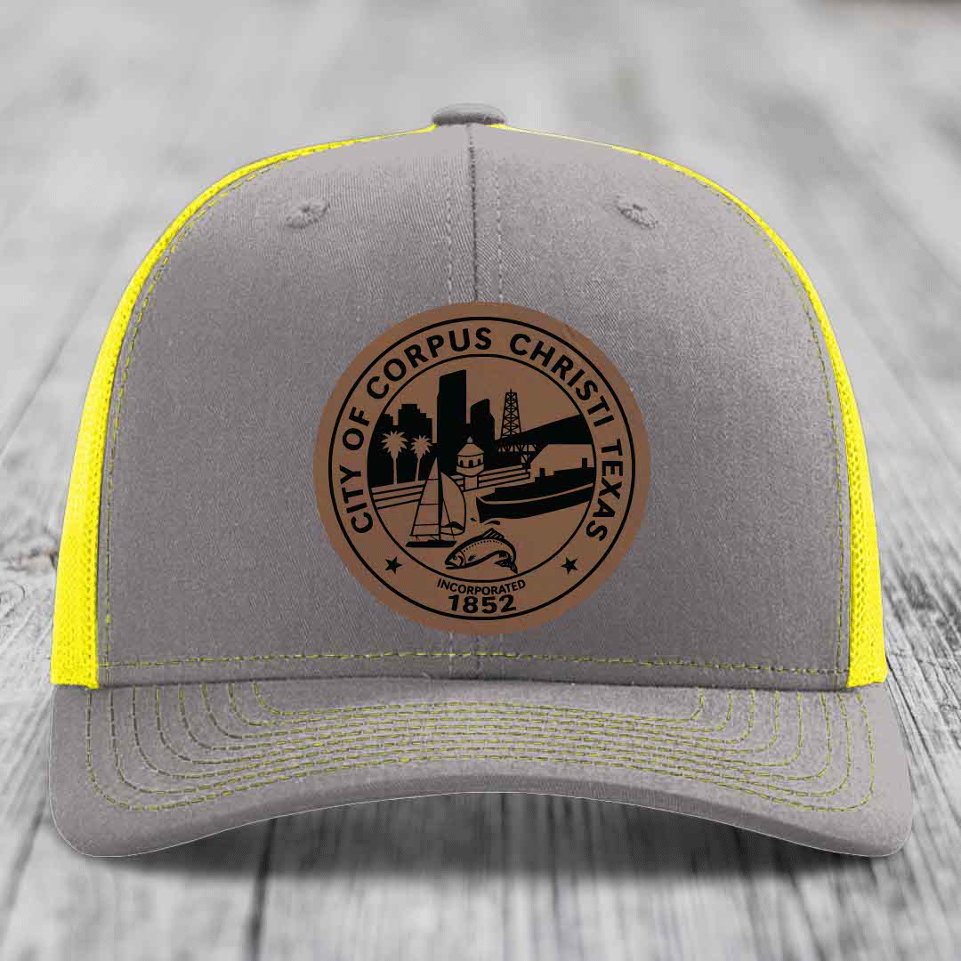 Corpus Christi Seal - Leather Patch Hat - Dark Brown to Black Patch - Richardson 112 Snapback Trucker Hat