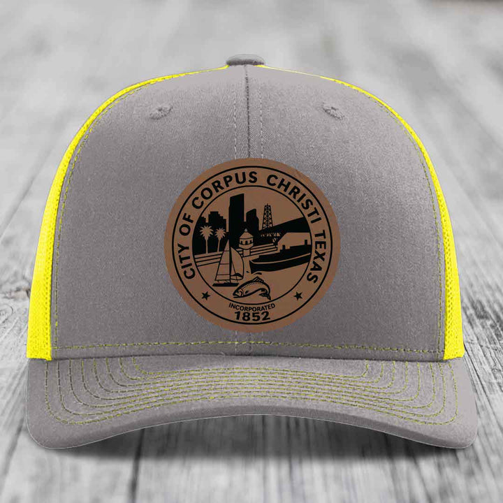 Corpus Christi Seal - Leather Patch Hat - Dark Brown to Black Patch - Richardson 112 Snapback Trucker Hat