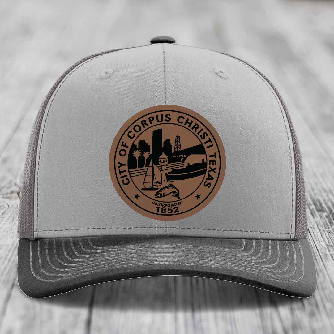 Corpus Christi Seal - Leather Patch Hat - Dark Brown to Black Patch - Richardson 112 Snapback Trucker Hat