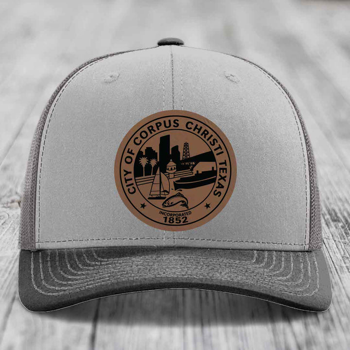 Corpus Christi Seal - Leather Patch Hat - Dark Brown to Black Patch - Richardson 112 Snapback Trucker Hat