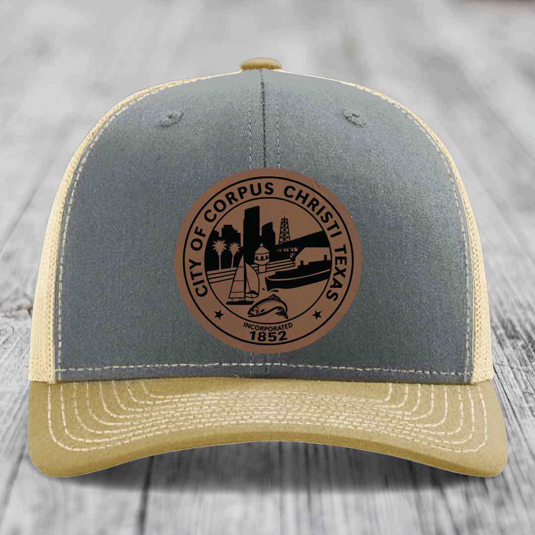 Corpus Christi Seal - Leather Patch Hat - Dark Brown to Black Patch - Richardson 112 Snapback Trucker Hat