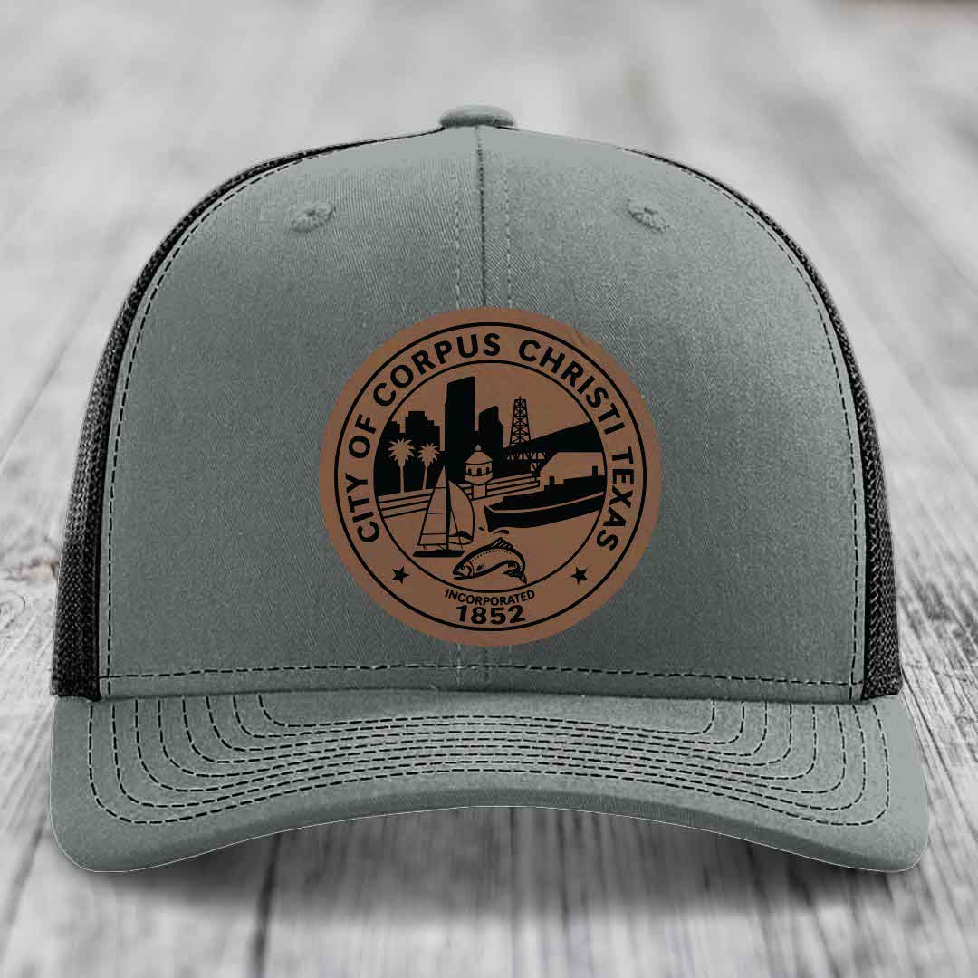 Corpus Christi Seal - Leather Patch Hat - Dark Brown to Black Patch - Richardson 112 Snapback Trucker Hat