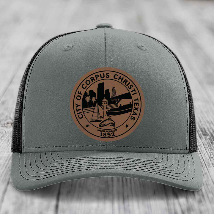 Corpus Christi Seal - Leather Patch Hat - Dark Brown to Black Patch - Richardson 112 Snapback Trucker Hat
