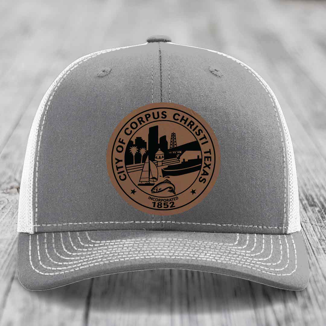 Corpus Christi Seal - Leather Patch Hat - Dark Brown to Black Patch - Richardson 112 Snapback Trucker Hat