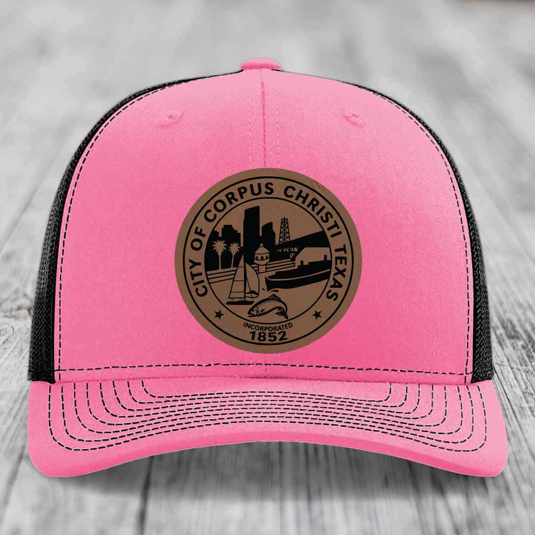 Corpus Christi Seal - Leather Patch Hat - Dark Brown to Black Patch - Richardson 112 Snapback Trucker Hat
