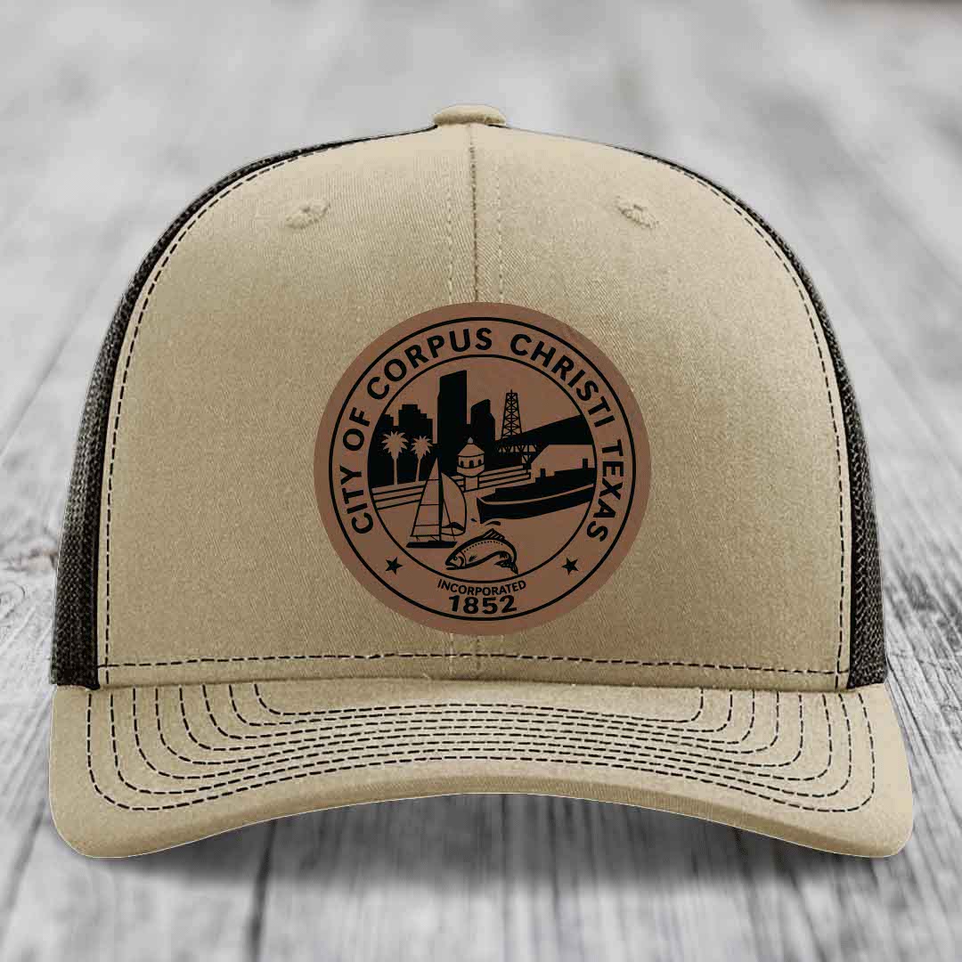 Corpus Christi Seal - Leather Patch Hat - Dark Brown to Black Patch - Richardson 112 Snapback Trucker Hat