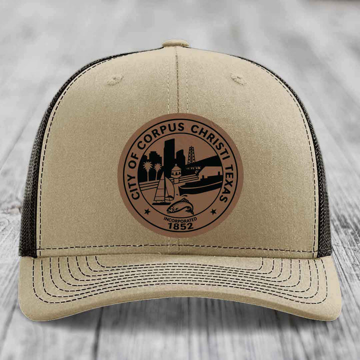 Corpus Christi Seal - Leather Patch Hat - Dark Brown to Black Patch - Richardson 112 Snapback Trucker Hat