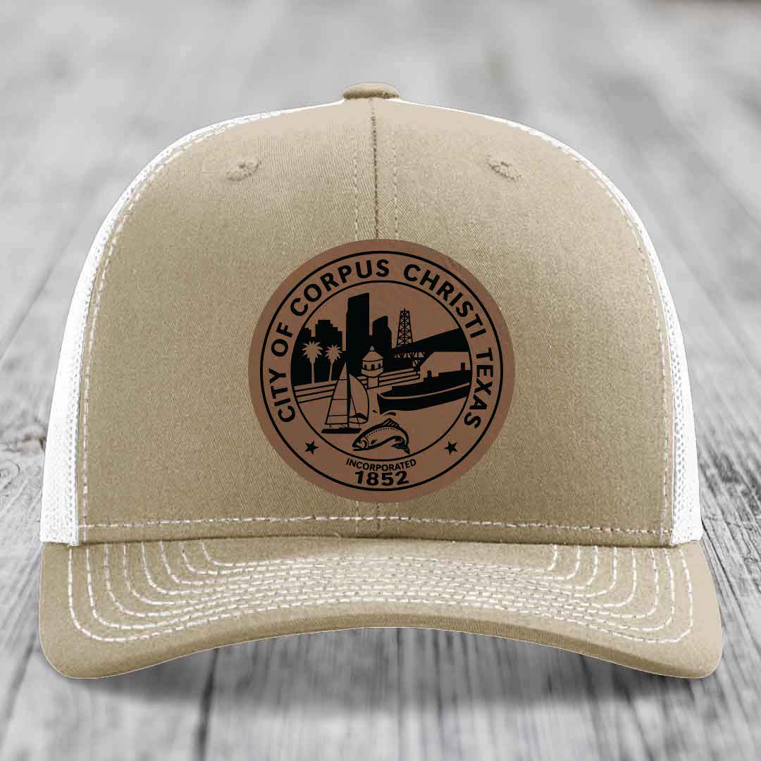Corpus Christi Seal - Leather Patch Hat - Dark Brown to Black Patch - Richardson 112 Snapback Trucker Hat