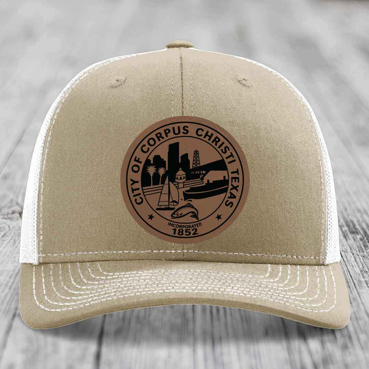 Corpus Christi Seal - Leather Patch Hat - Dark Brown to Black Patch - Richardson 112 Snapback Trucker Hat
