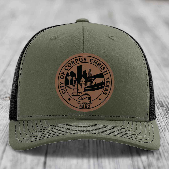 Corpus Christi Seal - Leather Patch Hat - Dark Brown to Black Patch - Richardson 112 Snapback Trucker Hat