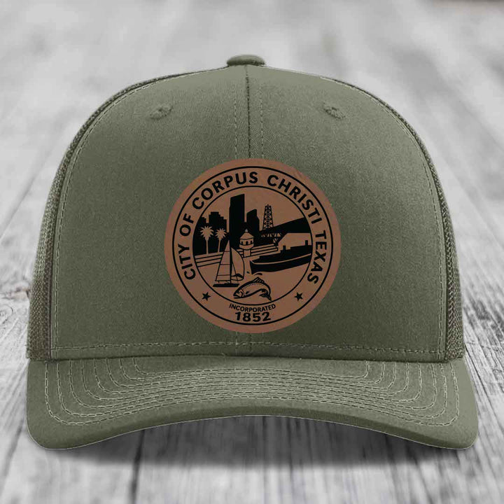 Corpus Christi Seal - Leather Patch Hat - Dark Brown to Black Patch - Richardson 112 Snapback Trucker Hat