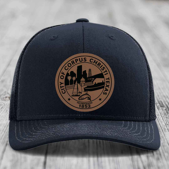 Corpus Christi Seal - Leather Patch Hat - Dark Brown to Black Patch - Richardson 112 Snapback Trucker Hat