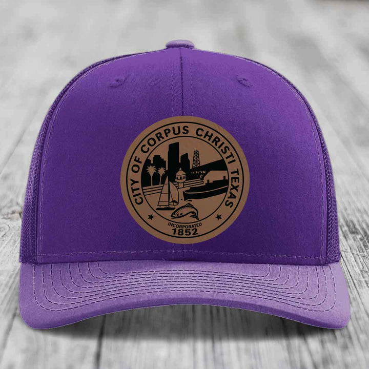 Corpus Christi Seal - Leather Patch Hat - Dark Brown to Black Patch - Richardson 112 Snapback Trucker Hat