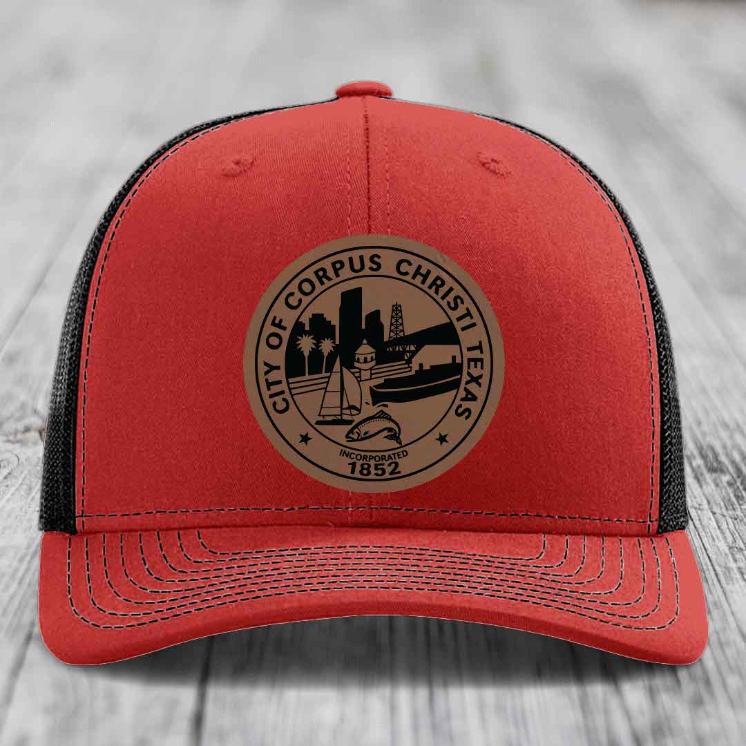 Corpus Christi Seal - Leather Patch Hat - Dark Brown to Black Patch - Richardson 112 Snapback Trucker Hat