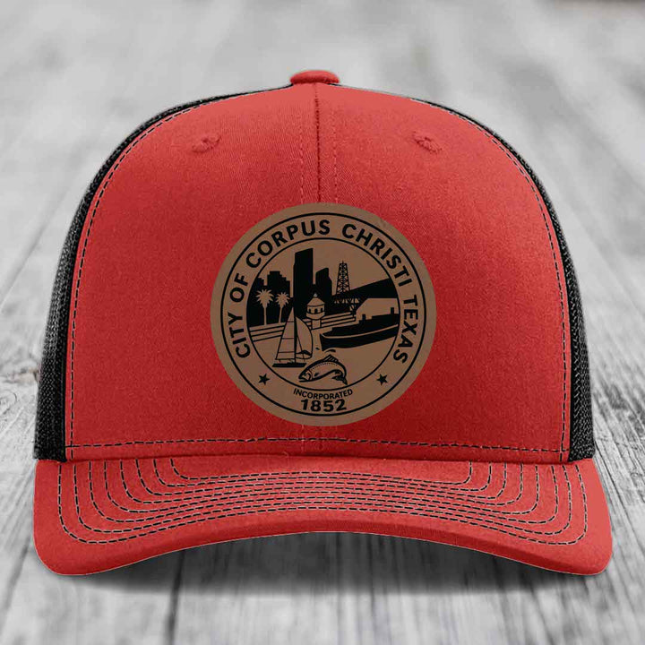 Corpus Christi Seal - Leather Patch Hat - Dark Brown to Black Patch - Richardson 112 Snapback Trucker Hat