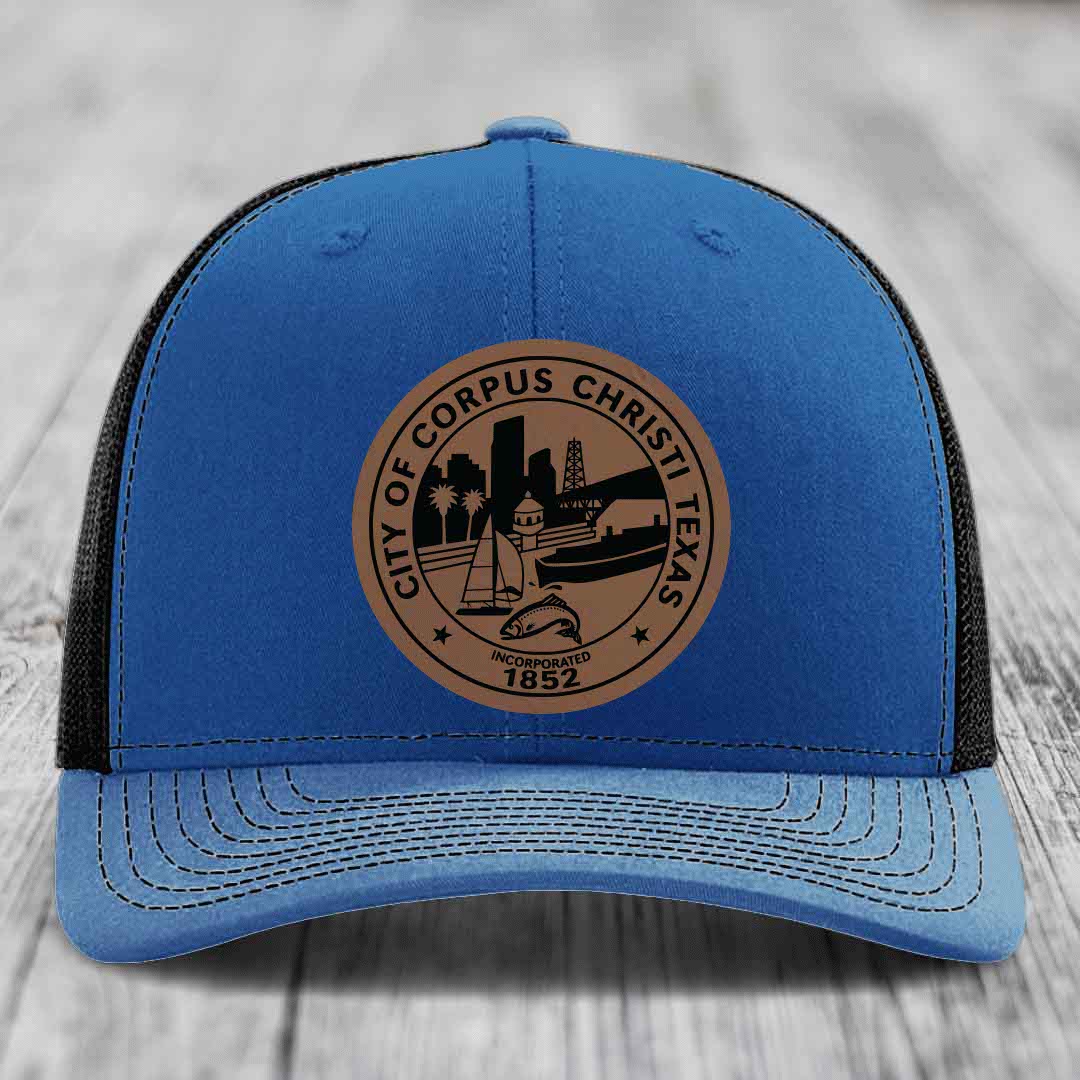 Corpus Christi Seal - Leather Patch Hat - Dark Brown to Black Patch - Richardson 112 Snapback Trucker Hat