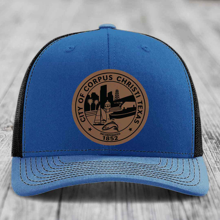 Corpus Christi Seal - Leather Patch Hat - Dark Brown to Black Patch - Richardson 112 Snapback Trucker Hat