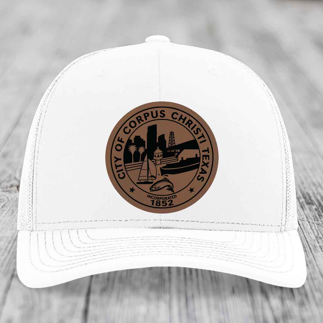 Corpus Christi Seal - Leather Patch Hat - Dark Brown to Black Patch - Richardson 112 Snapback Trucker Hat