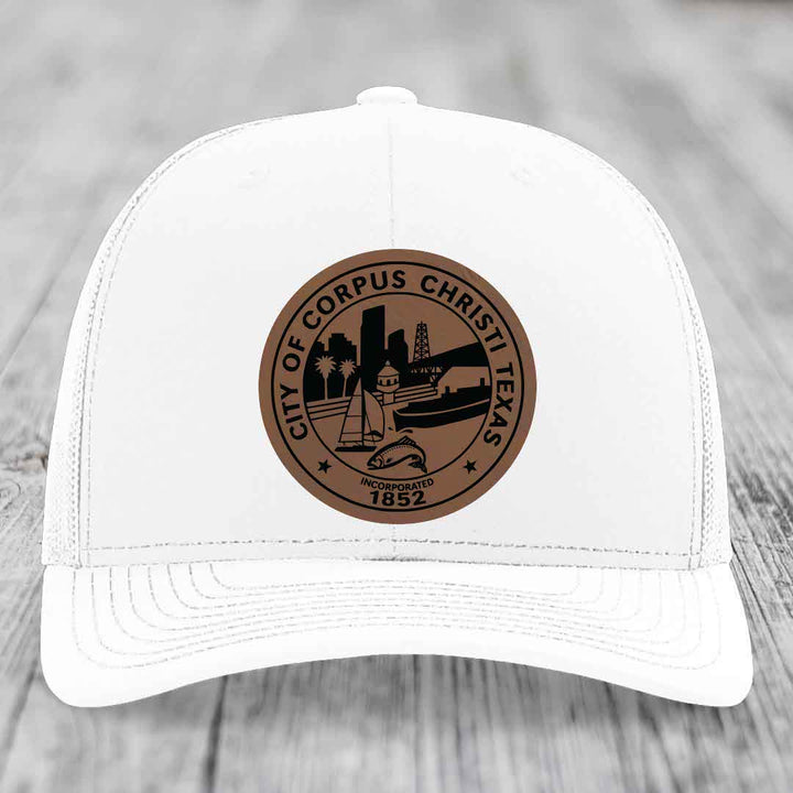 Corpus Christi Seal - Leather Patch Hat - Dark Brown to Black Patch - Richardson 112 Snapback Trucker Hat