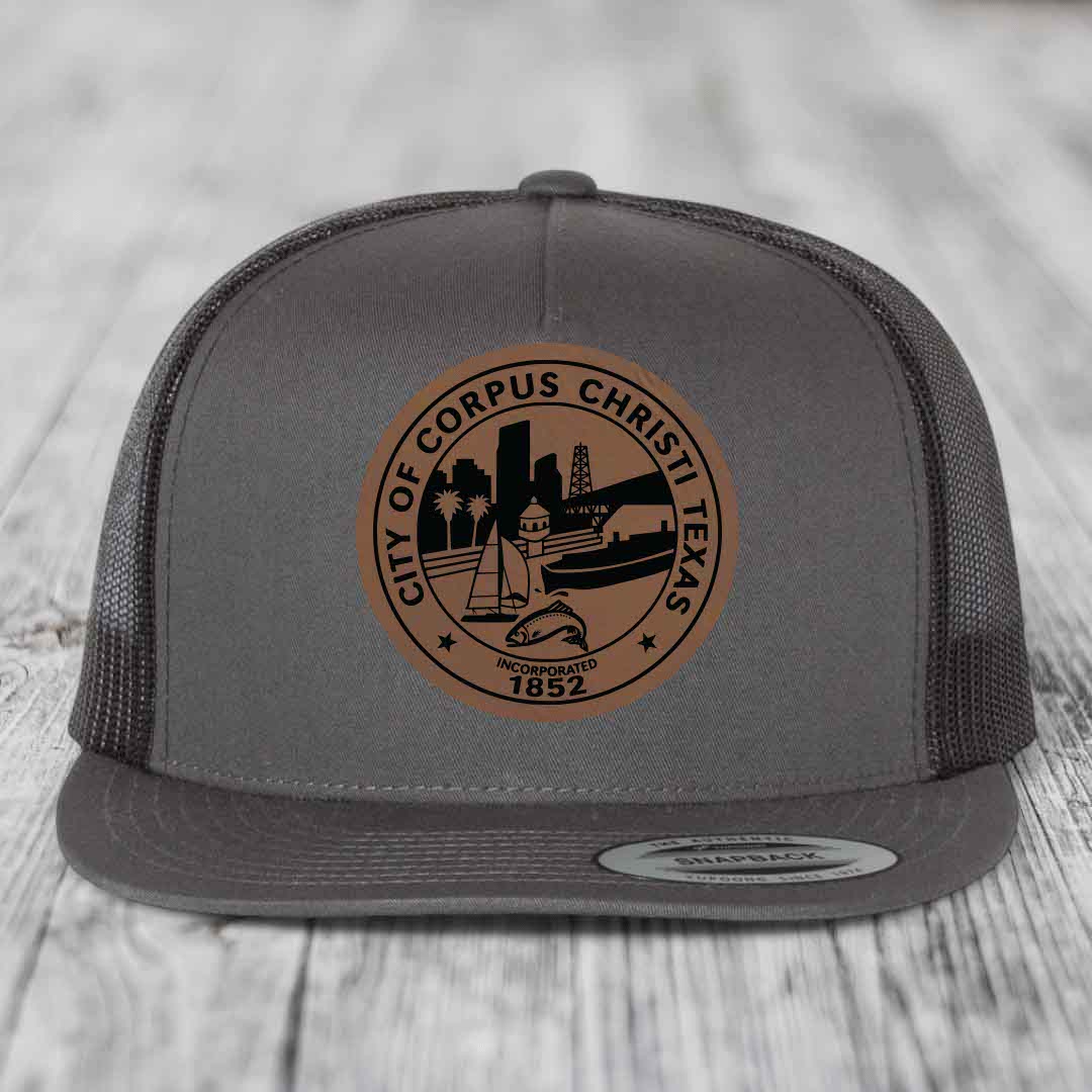 Corpus Christi Seal - Leather Patch Hat - Dark Brown to Black Patch - Yupoong 6006 Snapback Flatbill Hat