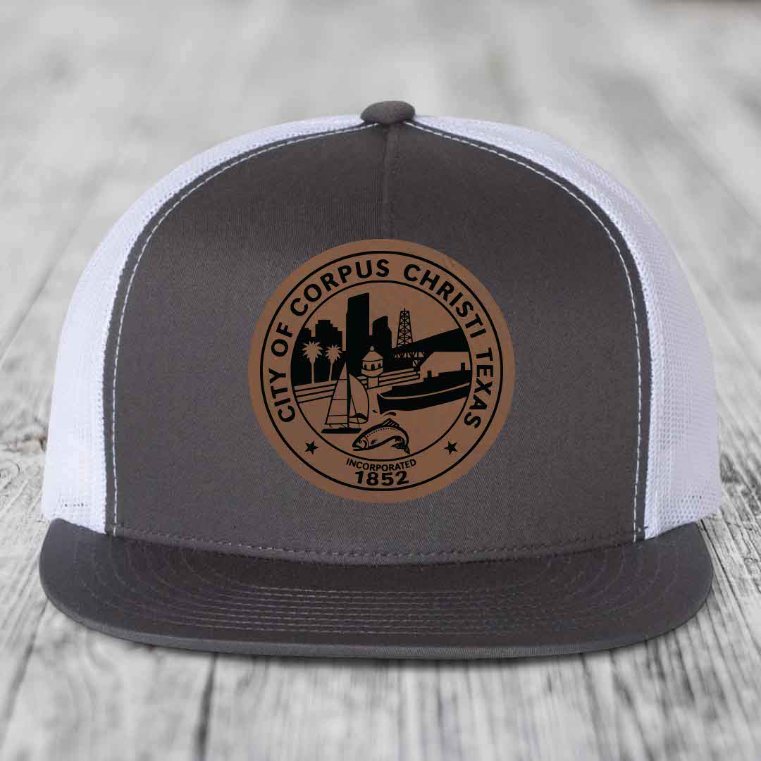 Corpus Christi Seal - Leather Patch Hat - Dark Brown to Black Patch - Yupoong 6006 Snapback Flatbill Hat