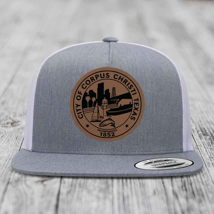 Corpus Christi Seal - Leather Patch Hat - Dark Brown to Black Patch - Yupoong 6006 Snapback Flatbill Hat