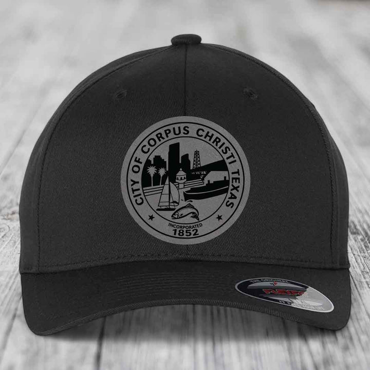 Corpus Christi Seal - Leather Patch Hat - Grey to Black Patch - Flexfit 6277 Fitted Hat