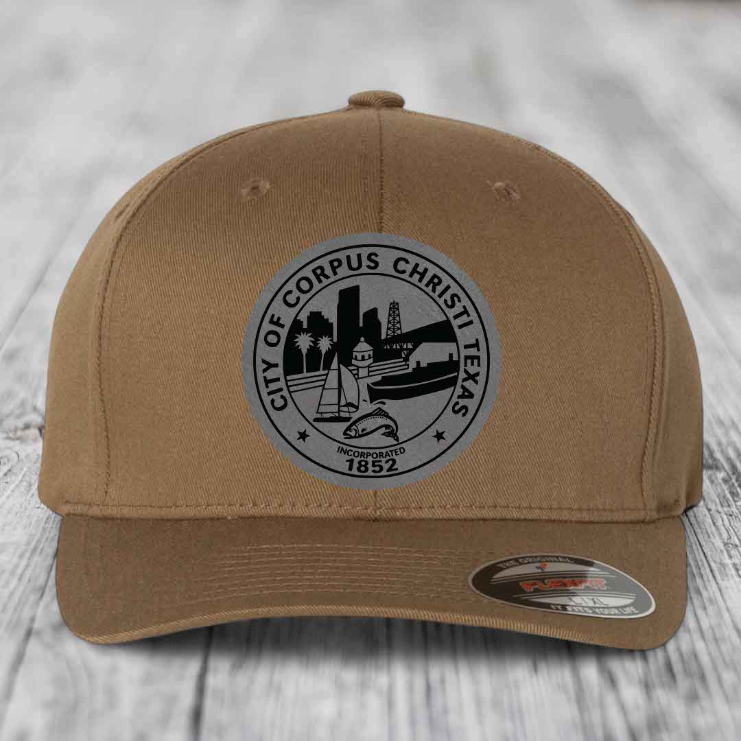 Corpus Christi Seal - Leather Patch Hat - Grey to Black Patch - Flexfit 6277 Fitted Hat