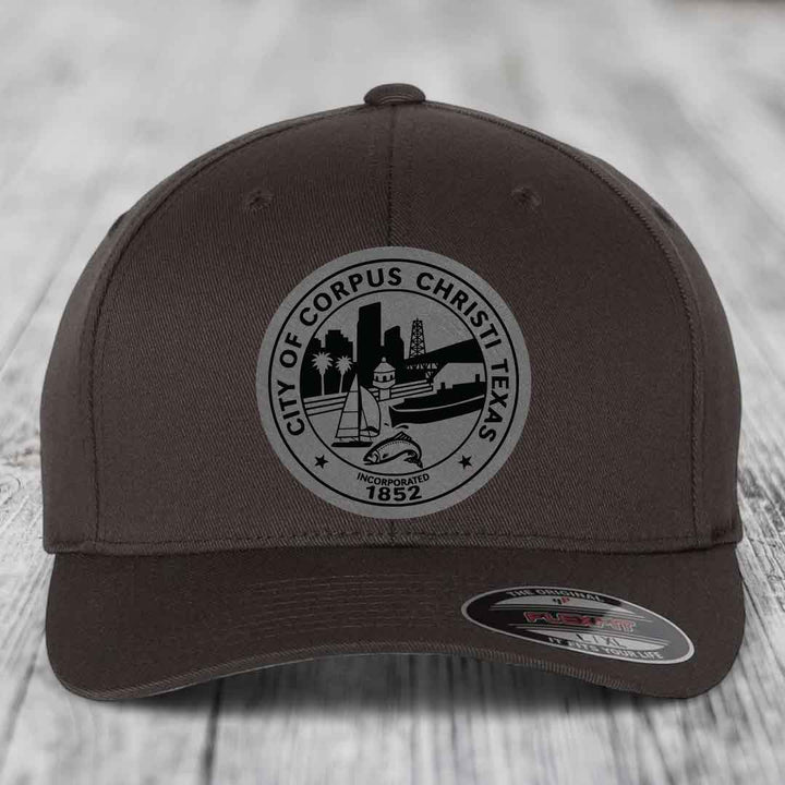 Corpus Christi Seal - Leather Patch Hat - Grey to Black Patch - Flexfit 6277 Fitted Hat