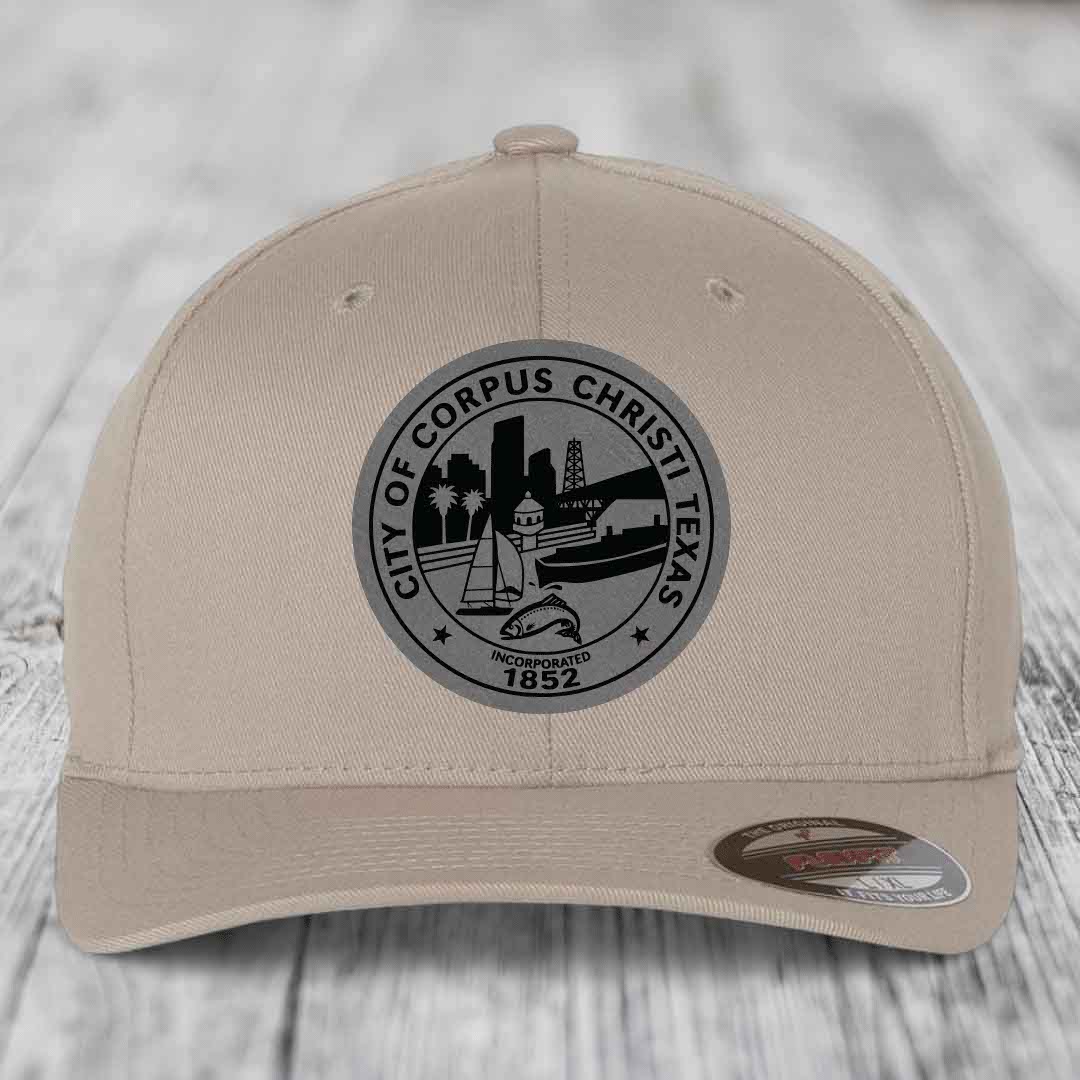 Corpus Christi Seal - Leather Patch Hat - Grey to Black Patch - Flexfit 6277 Fitted Hat