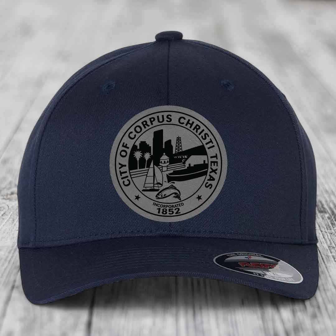 Corpus Christi Seal - Leather Patch Hat - Grey to Black Patch - Flexfit 6277 Fitted Hat