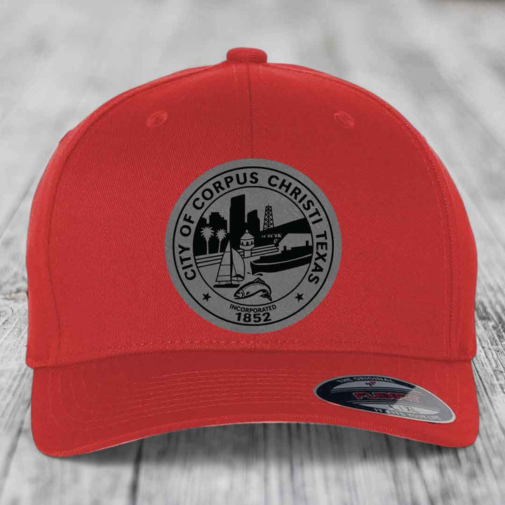 Corpus Christi Seal - Leather Patch Hat - Grey to Black Patch - Flexfit 6277 Fitted Hat