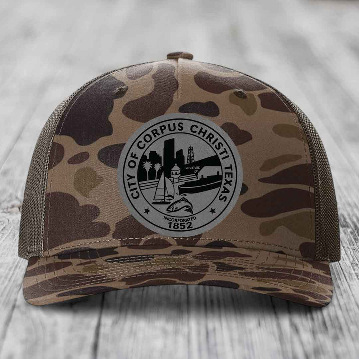 Corpus Christi Seal - Leather Patch Hat - Grey to Black Patch - Richardson 112PFP Snapback Trucker Hat