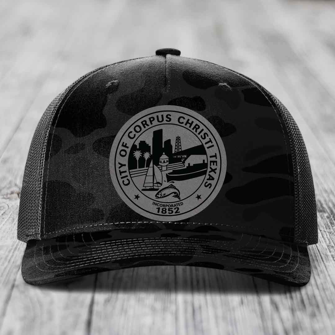 Corpus Christi Seal - Leather Patch Hat - Grey to Black Patch - Richardson 112PFP Snapback Trucker Hat
