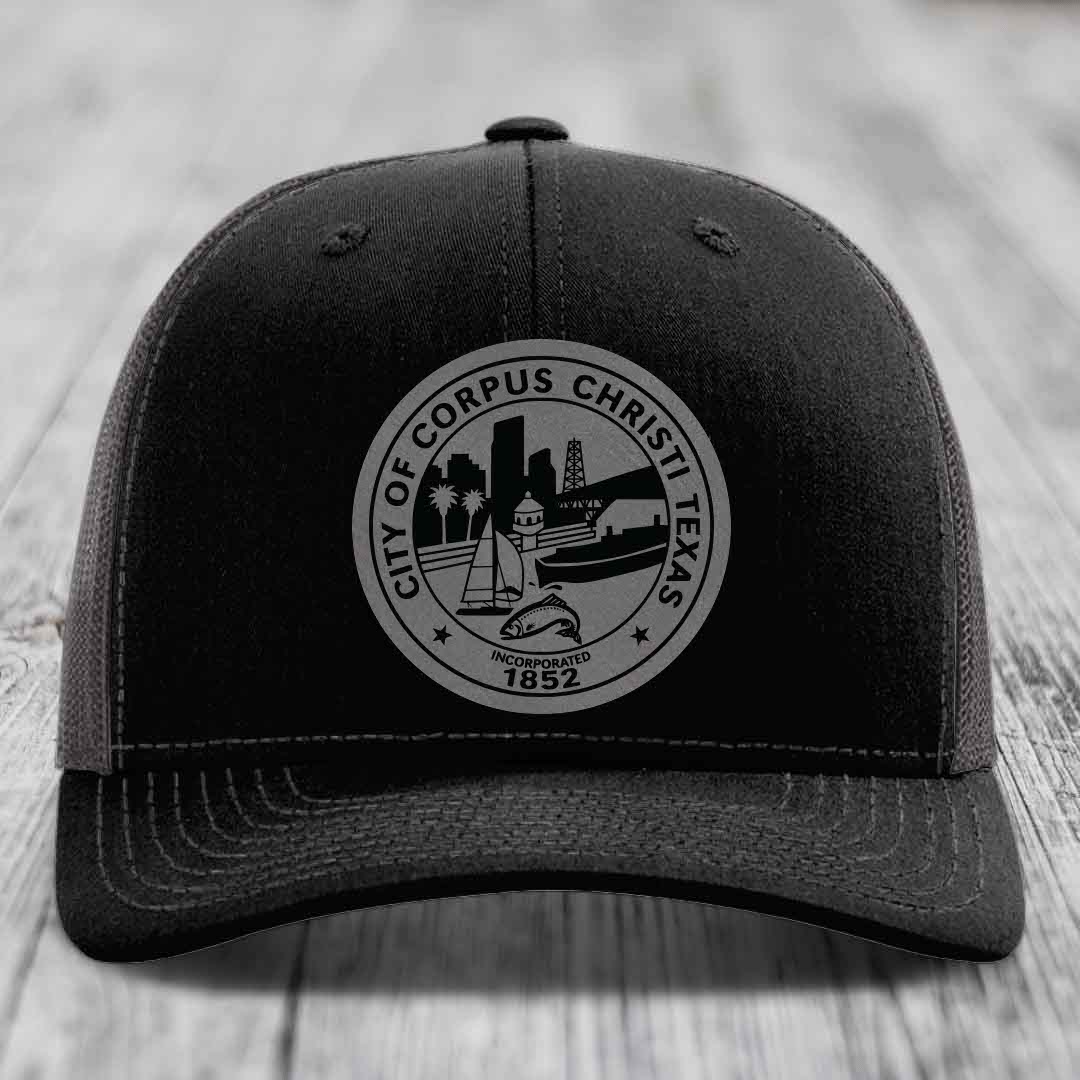 Corpus Christi Seal - Leather Patch Hat - Grey to Black Patch - Richardson 112 Snapback Trucker Hat