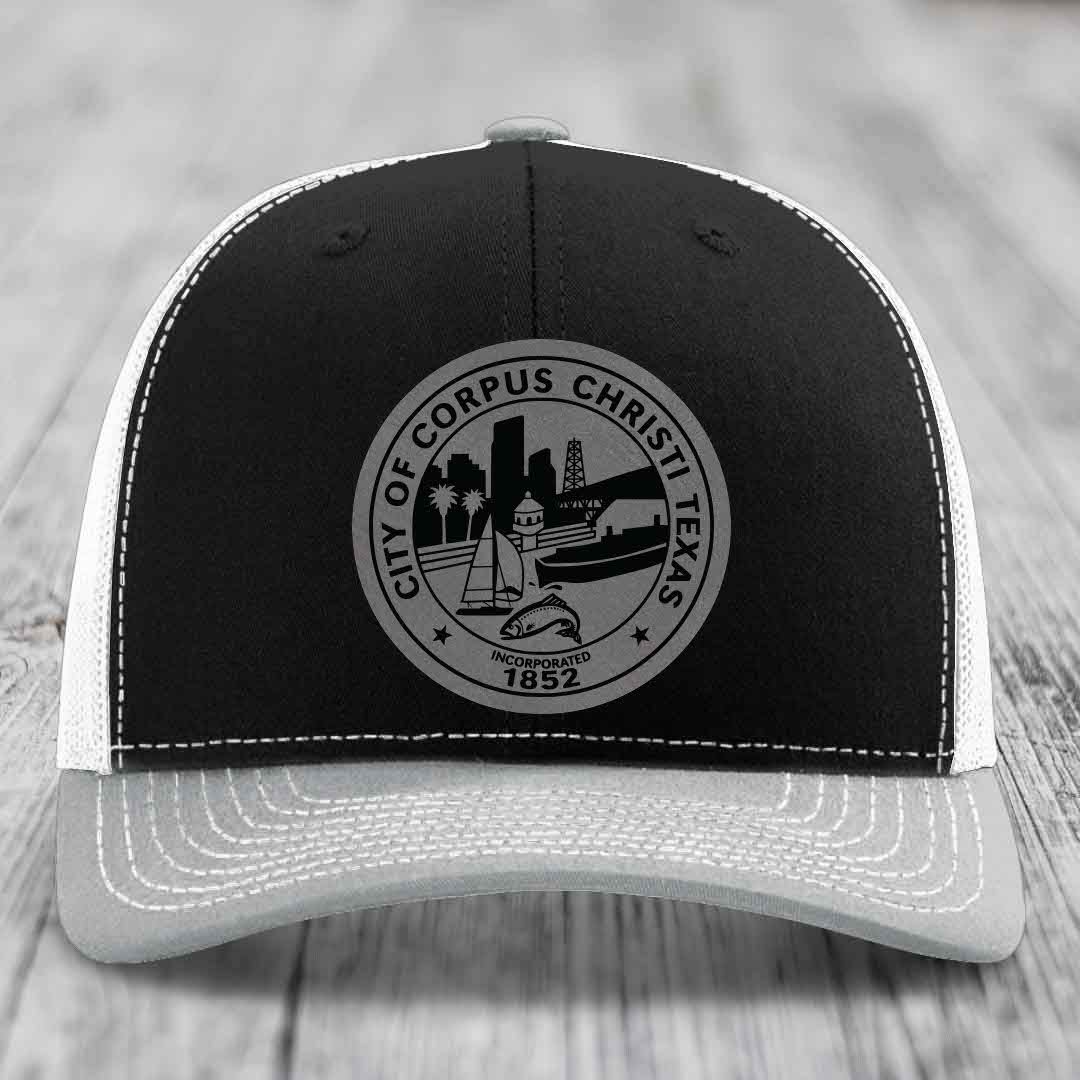 Corpus Christi Seal - Leather Patch Hat - Grey to Black Patch - Richardson 112 Snapback Trucker Hat