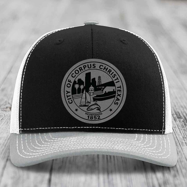 Corpus Christi Seal - Leather Patch Hat - Grey to Black Patch - Richardson 112 Snapback Trucker Hat