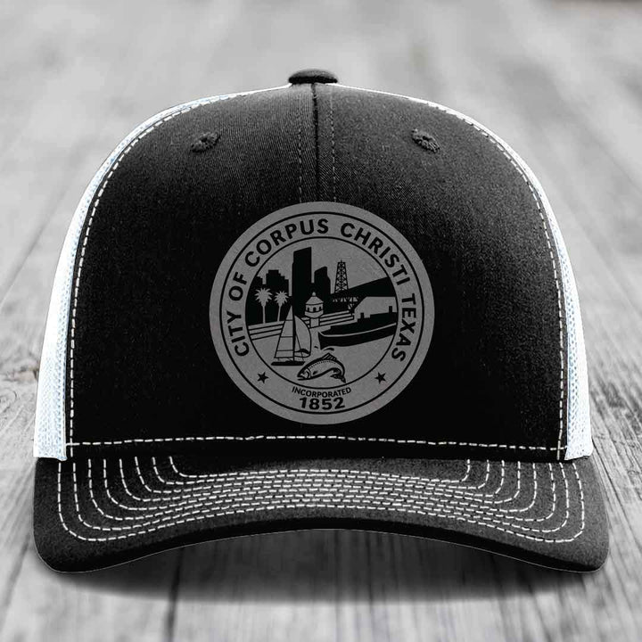 Corpus Christi Seal - Leather Patch Hat - Grey to Black Patch - Richardson 112 Snapback Trucker Hat