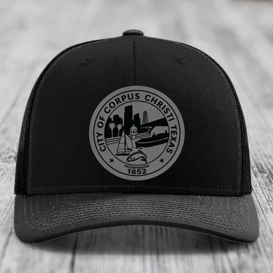 Corpus Christi Seal - Leather Patch Hat - Grey to Black Patch - Richardson 112 Snapback Trucker Hat