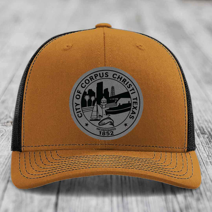 Corpus Christi Seal - Leather Patch Hat - Grey to Black Patch - Richardson 112 Snapback Trucker Hat