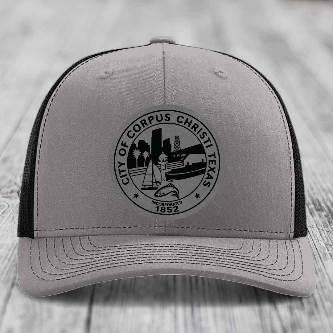 Corpus Christi Seal - Leather Patch Hat - Grey to Black Patch - Richardson 112 Snapback Trucker Hat
