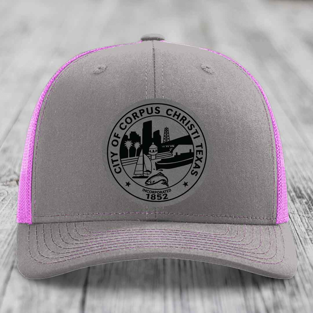 Corpus Christi Seal - Leather Patch Hat - Grey to Black Patch - Richardson 112 Snapback Trucker Hat