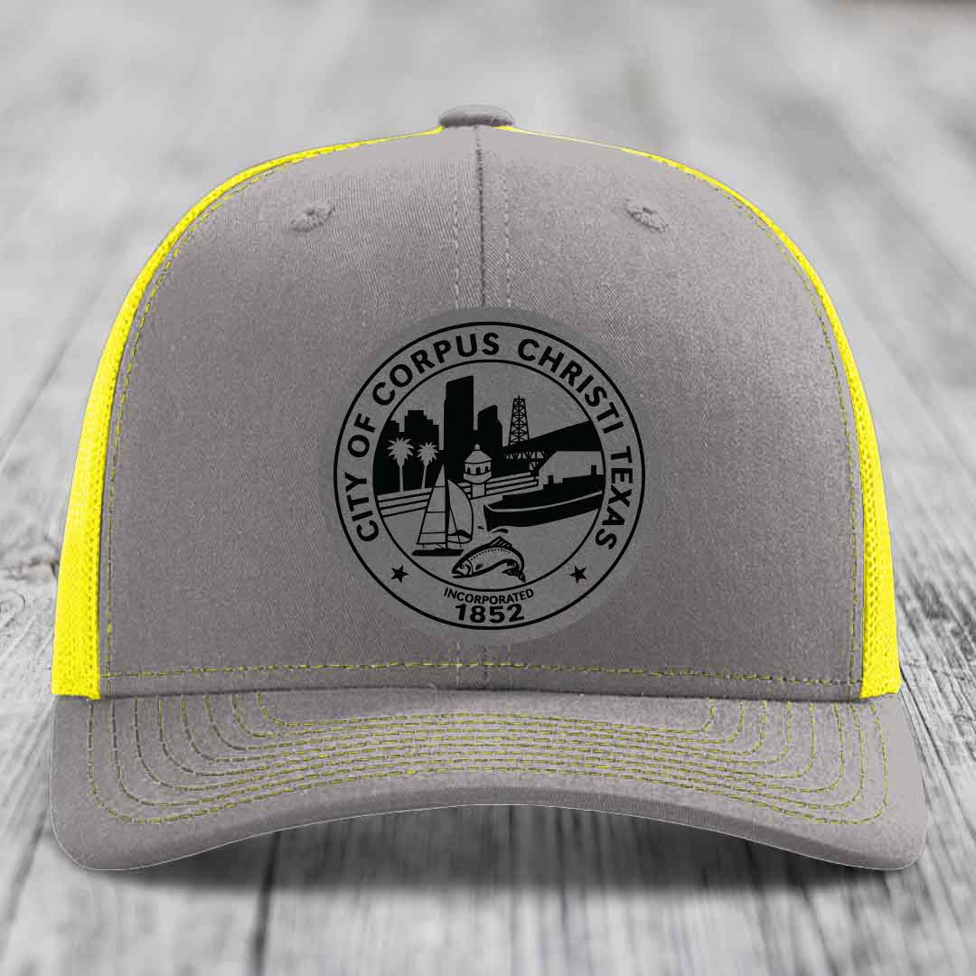 Corpus Christi Seal - Leather Patch Hat - Grey to Black Patch - Richardson 112 Snapback Trucker Hat