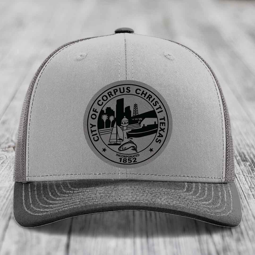 Corpus Christi Seal - Leather Patch Hat - Grey to Black Patch - Richardson 112 Snapback Trucker Hat