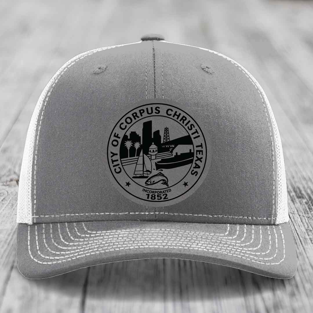 Corpus Christi Seal - Leather Patch Hat - Grey to Black Patch - Richardson 112 Snapback Trucker Hat