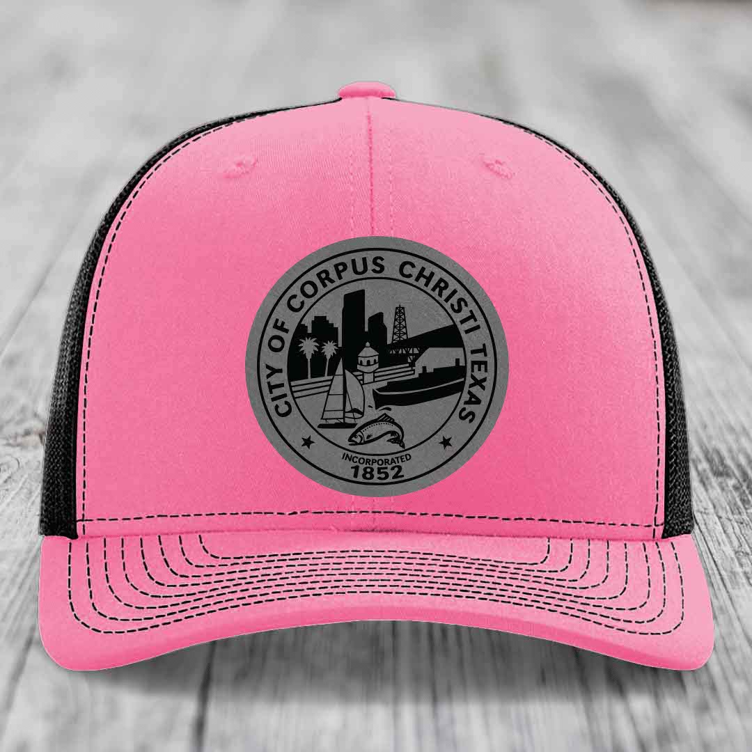 Corpus Christi Seal - Leather Patch Hat - Grey to Black Patch - Richardson 112 Snapback Trucker Hat