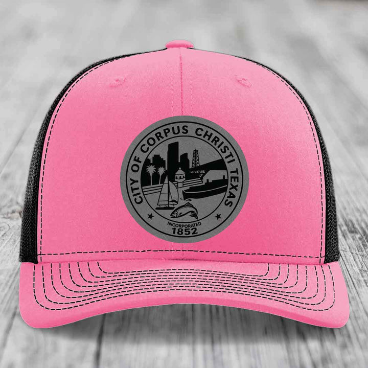 Corpus Christi Seal - Leather Patch Hat - Grey to Black Patch - Richardson 112 Snapback Trucker Hat