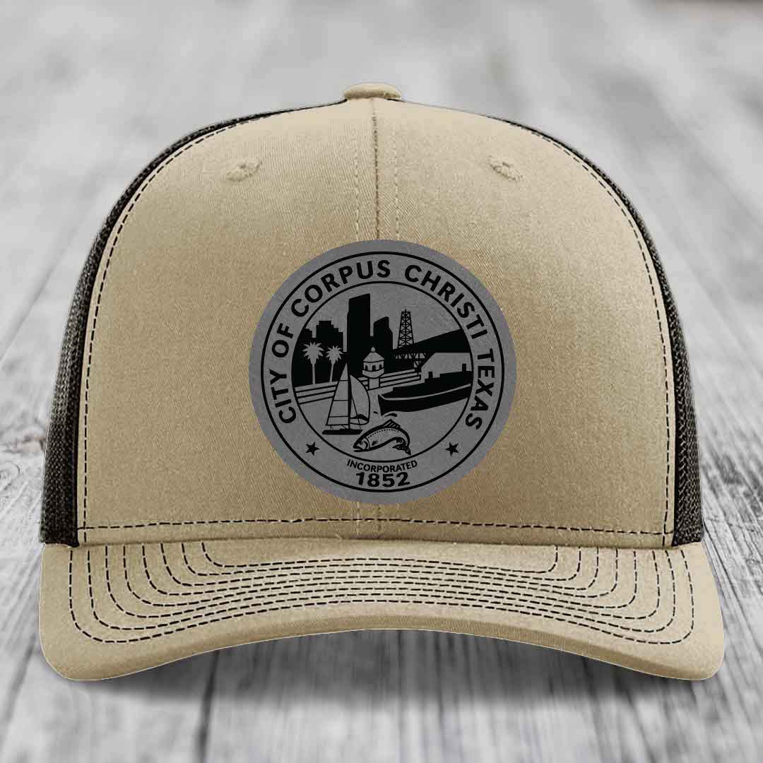 Corpus Christi Seal - Leather Patch Hat - Grey to Black Patch - Richardson 112 Snapback Trucker Hat