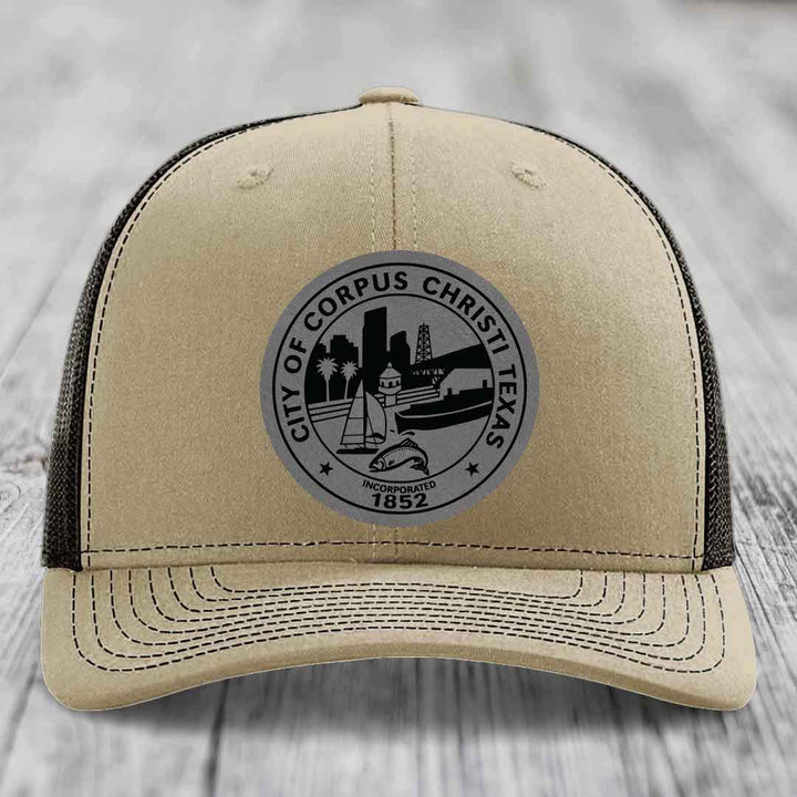 Corpus Christi Seal - Leather Patch Hat - Grey to Black Patch - Richardson 112 Snapback Trucker Hat